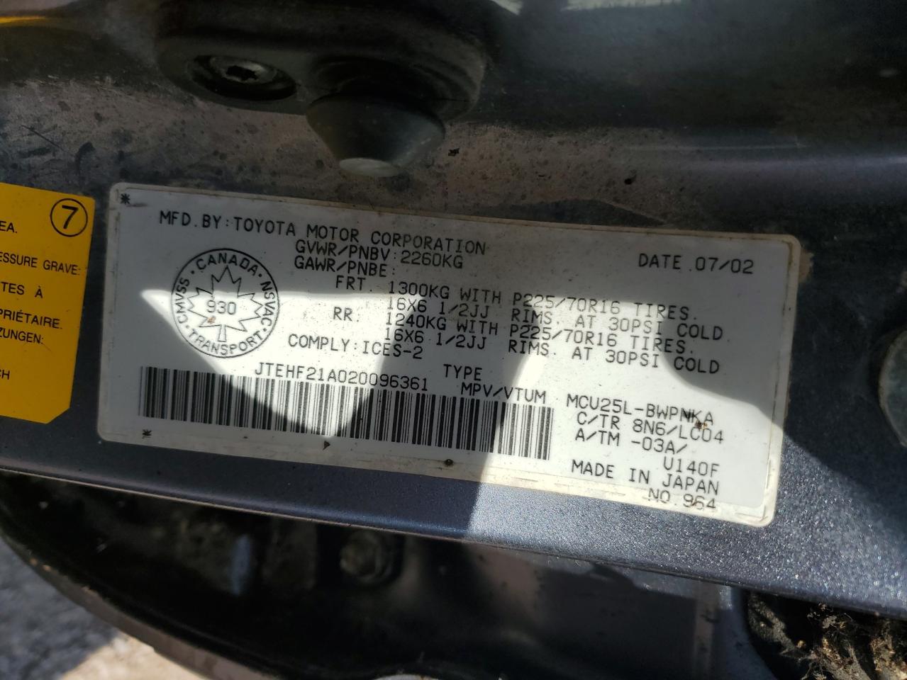 JTEHF21A020096361 2002 Toyota Highlander Limited