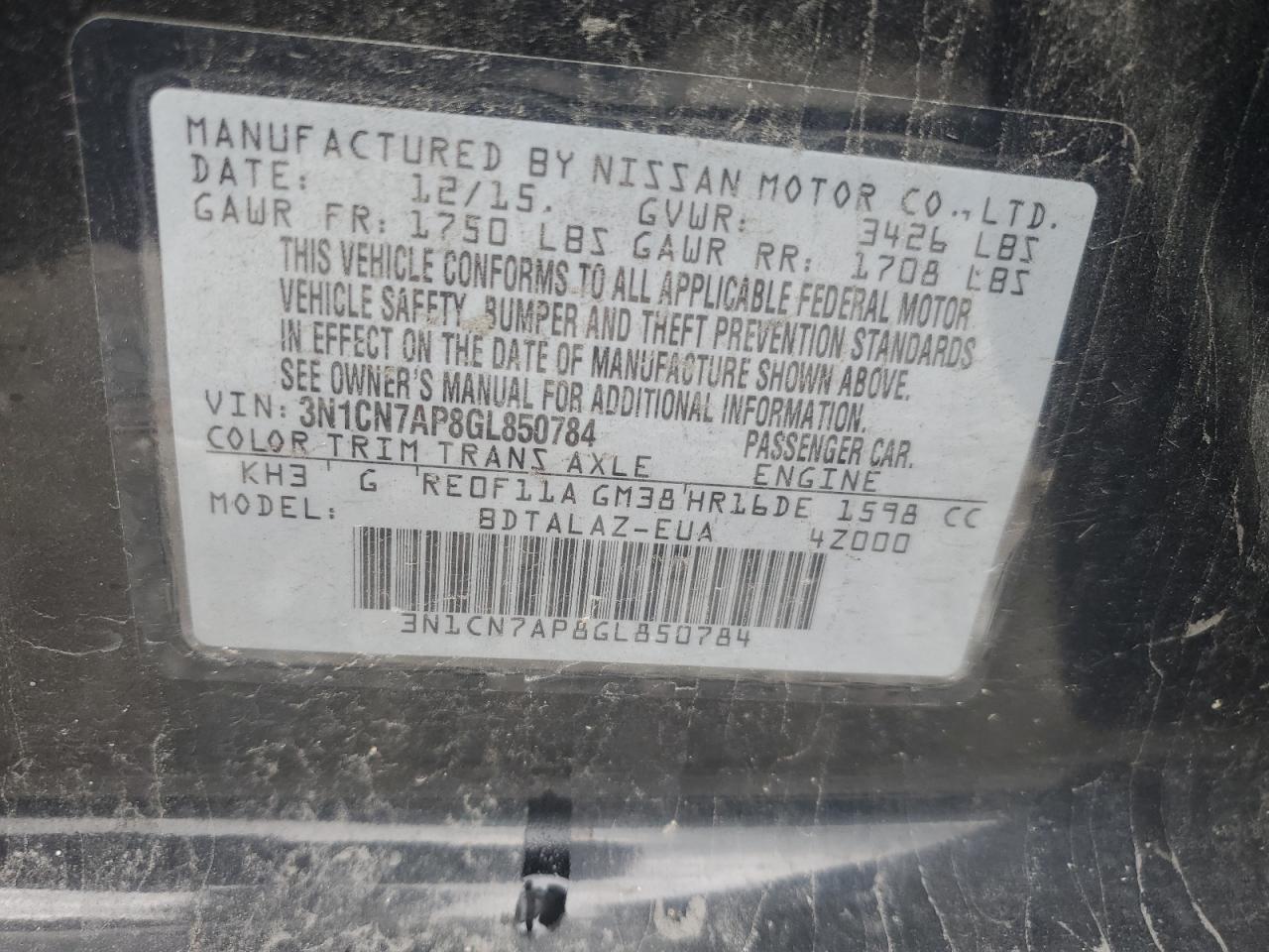 3N1CN7AP8GL850784 2016 Nissan Versa S