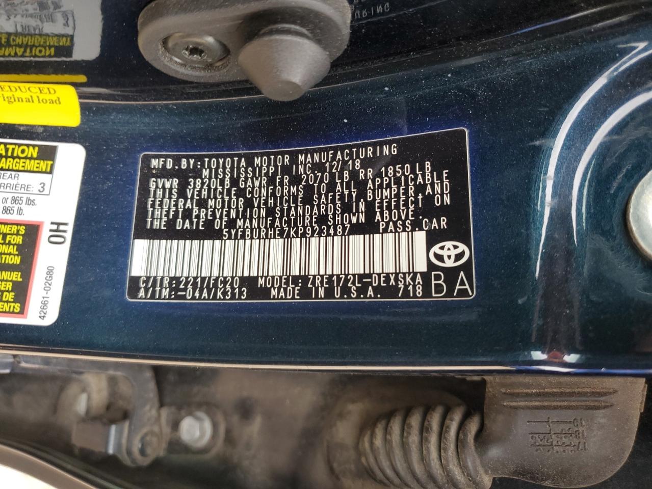 5YFBURHE7KP923487 2019 TOYOTA COROLLA - Image 12