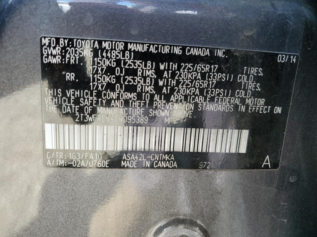 2T3WFREV4EW095389 2014 Toyota Rav4 Xle