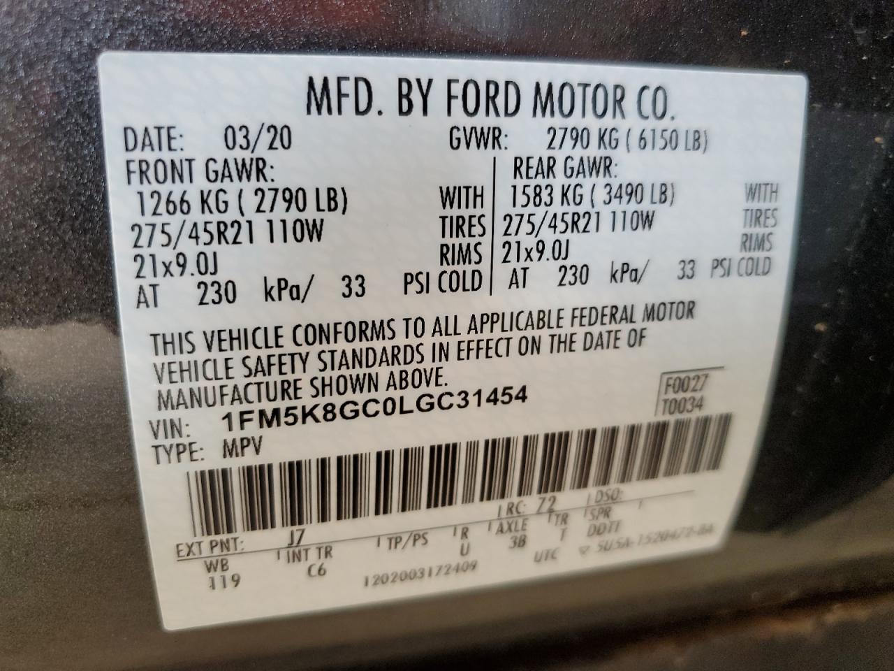 1FM5K8GC0LGC31454 2020 Ford Explorer St