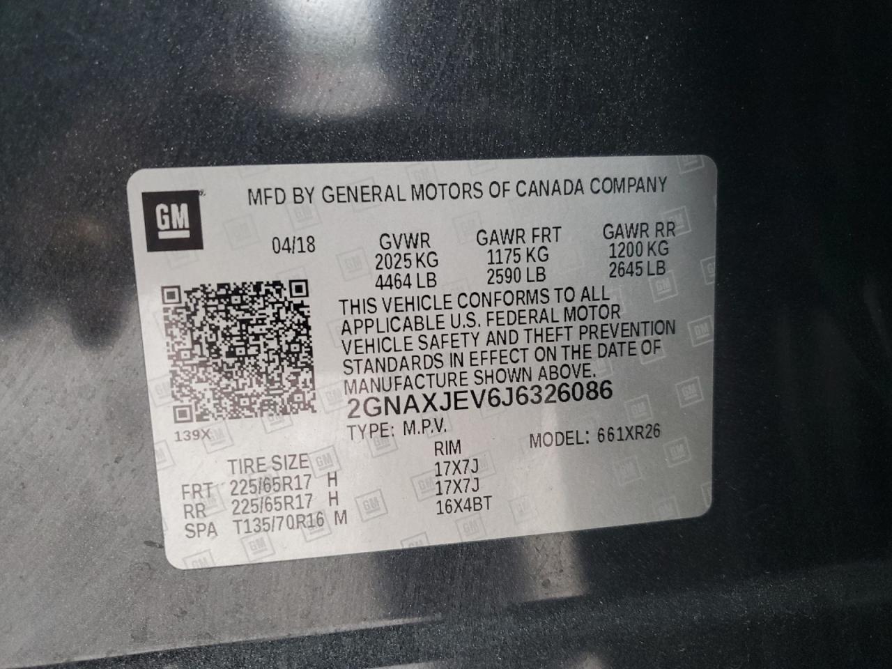 2018 Chevrolet Equinox Lt VIN: 2GNAXJEV6J6326086 Lot: 50543255