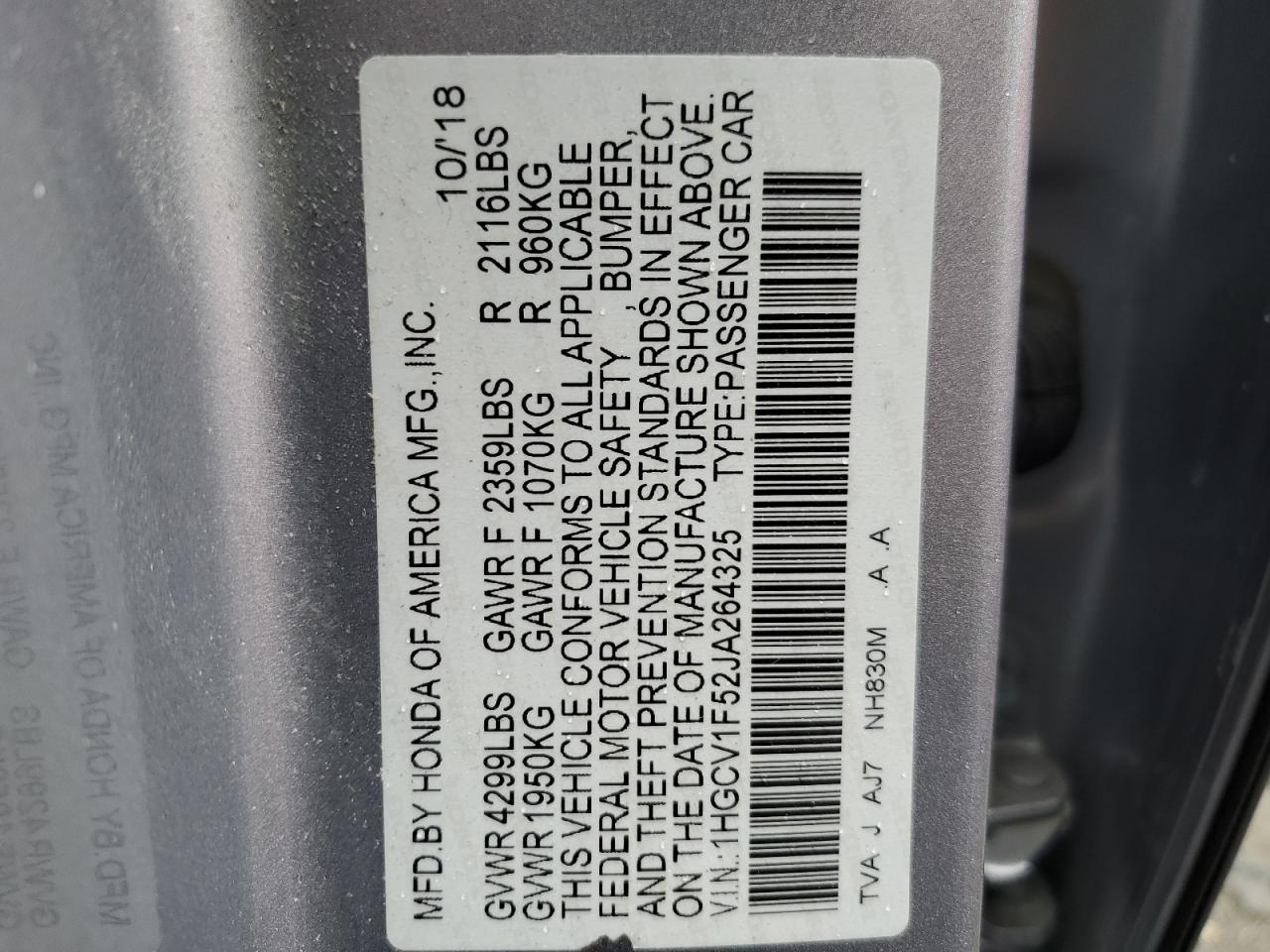 1HGCV1F52JA264325 2018 Honda Accord Exl