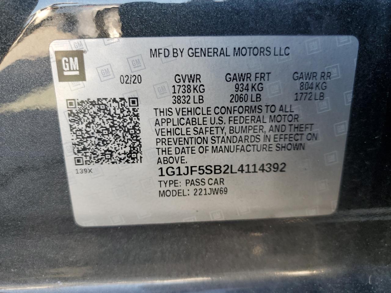 1G1JF5SB2L4114392 2020 Chevrolet Sonic Premier