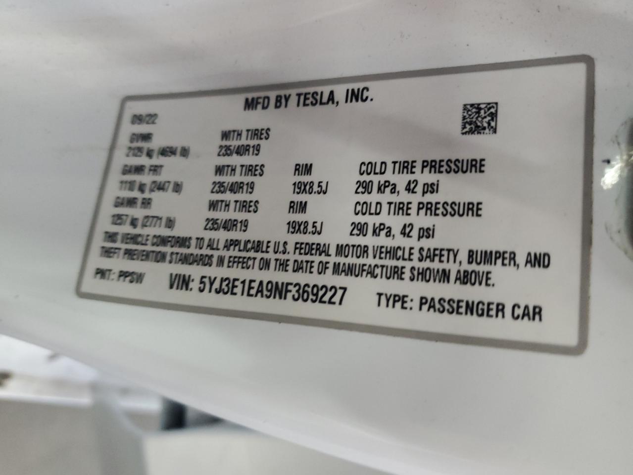 2022 Tesla Model 3 VIN: 5YJ3E1EA9NF369227 Lot: 70380974