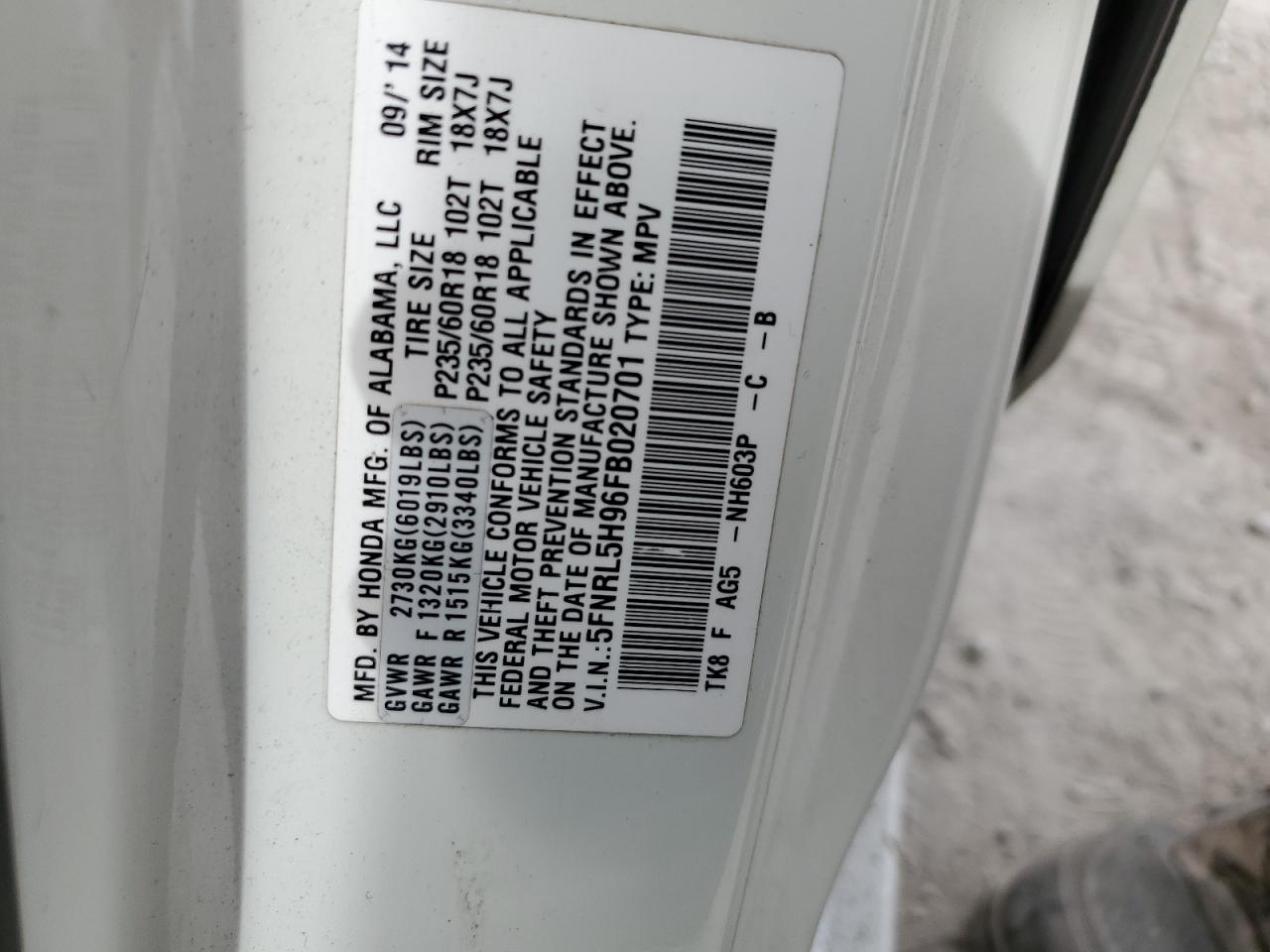 5FNRL5H96FB020701 2015 Honda Odyssey Touring