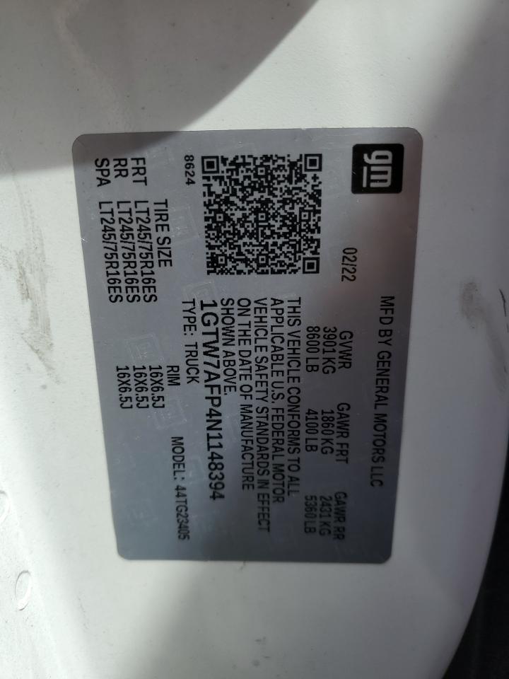 2022 GMC Savana G2500 VIN: 1GTW7AFP4N1148394 Lot: 69624974