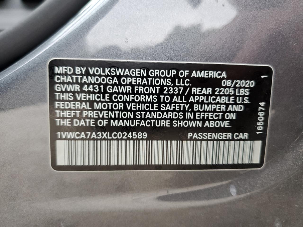 1VWCA7A3XLC024589 2020 Volkswagen Passat Sel