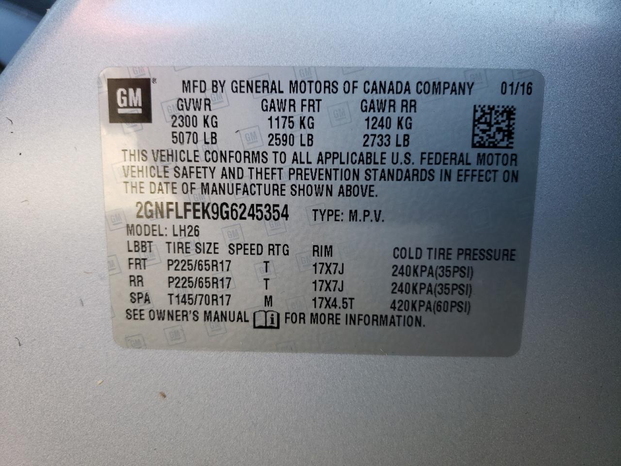 2GNFLFEK9G6245354 2016 Chevrolet Equinox Lt