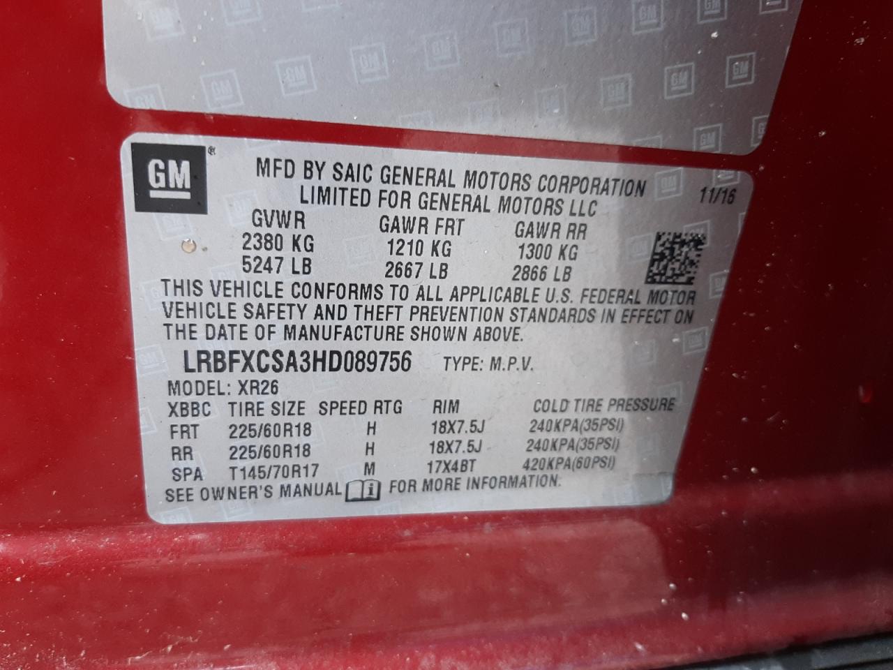 LRBFXCSA3HD089756 2017 Buick Envision Preferred