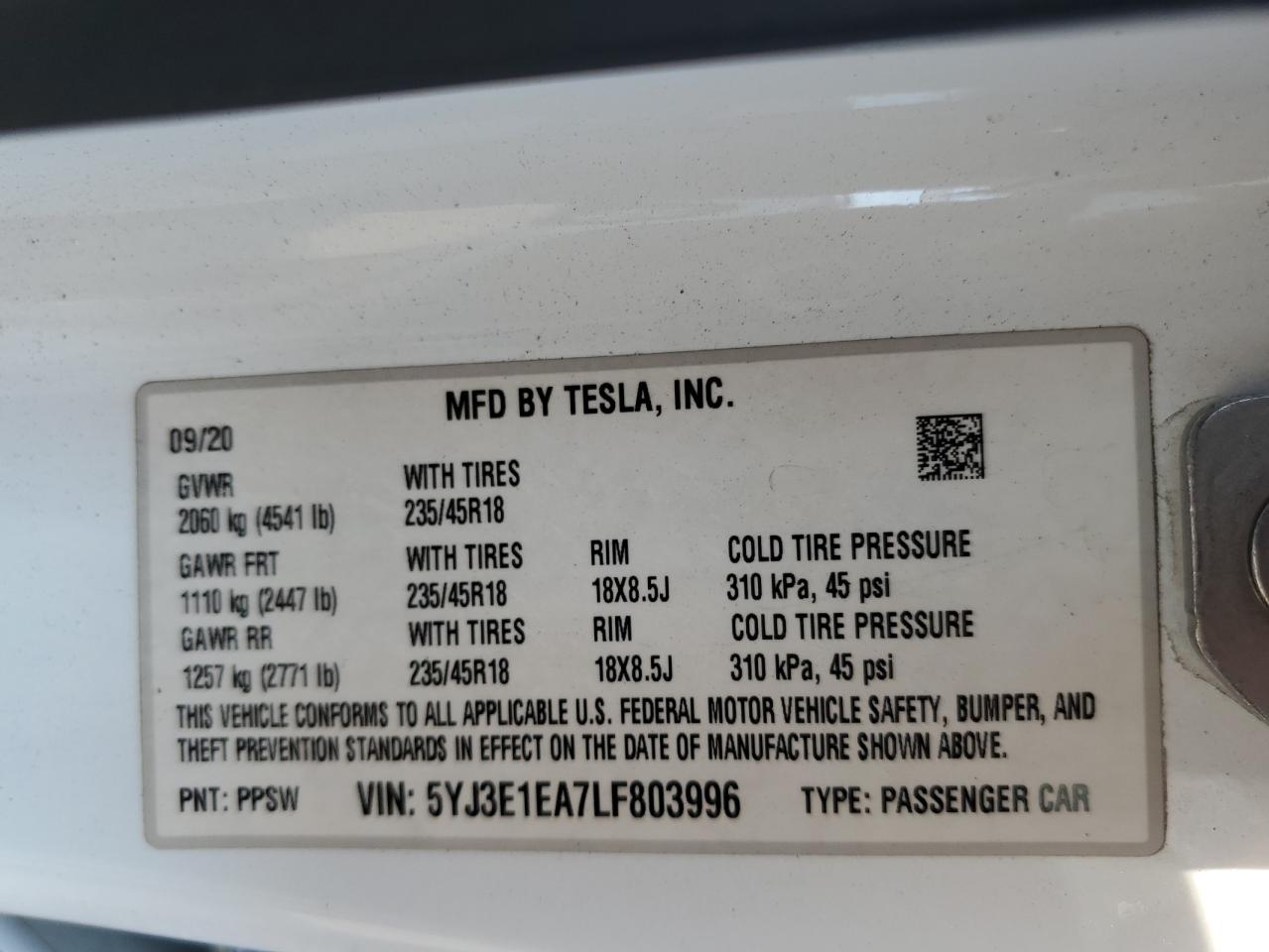 2020 Tesla Model 3 VIN: 5YJ3E1EA7LF803996 Lot: 72196554