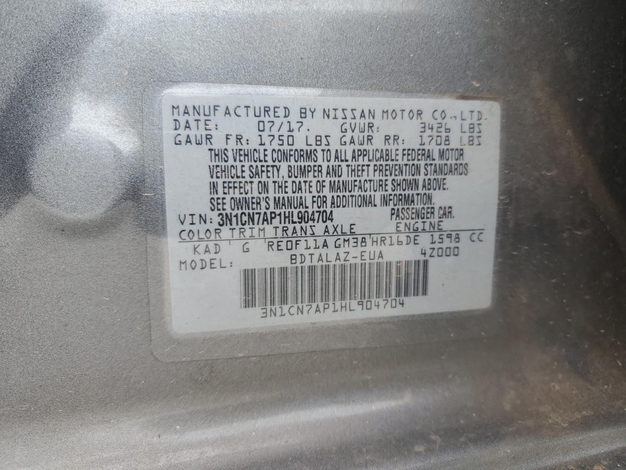 3N1CN7AP1HL904704 2017 Nissan Versa S 3N1CN7AP1HL904704 2017 Nissan Versa S