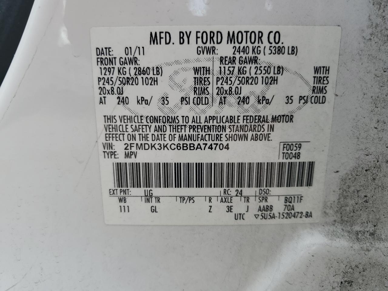 2011 Ford Edge Limited VIN: 2FMDK3KC6BBA74704 Lot: 71797104