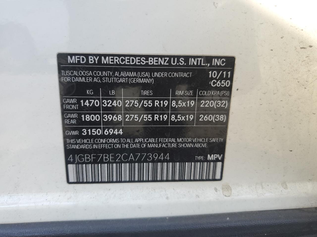 2012 Mercedes-Benz Gl 450 4Matic VIN: 4JGBF7BE2CA773944 Lot: 72815394