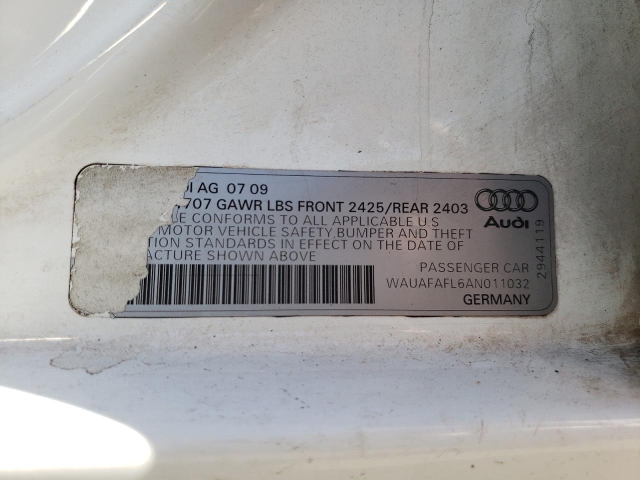 2010 Audi A4 Premium VIN: WAUAFAFL6AN011032 Lot: 72608024