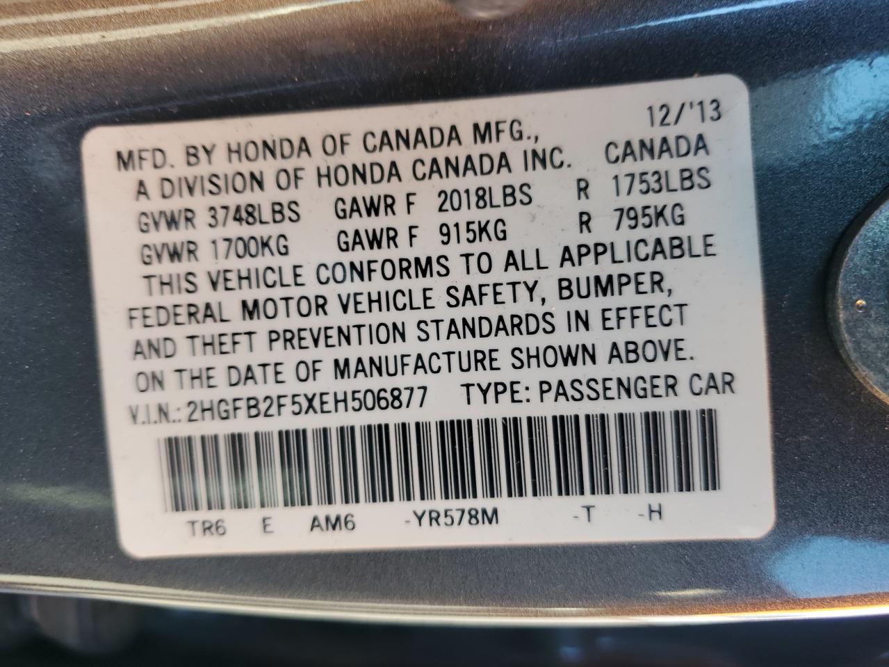 2HGFB2F5XEH506877 2014 Honda Civic Lx