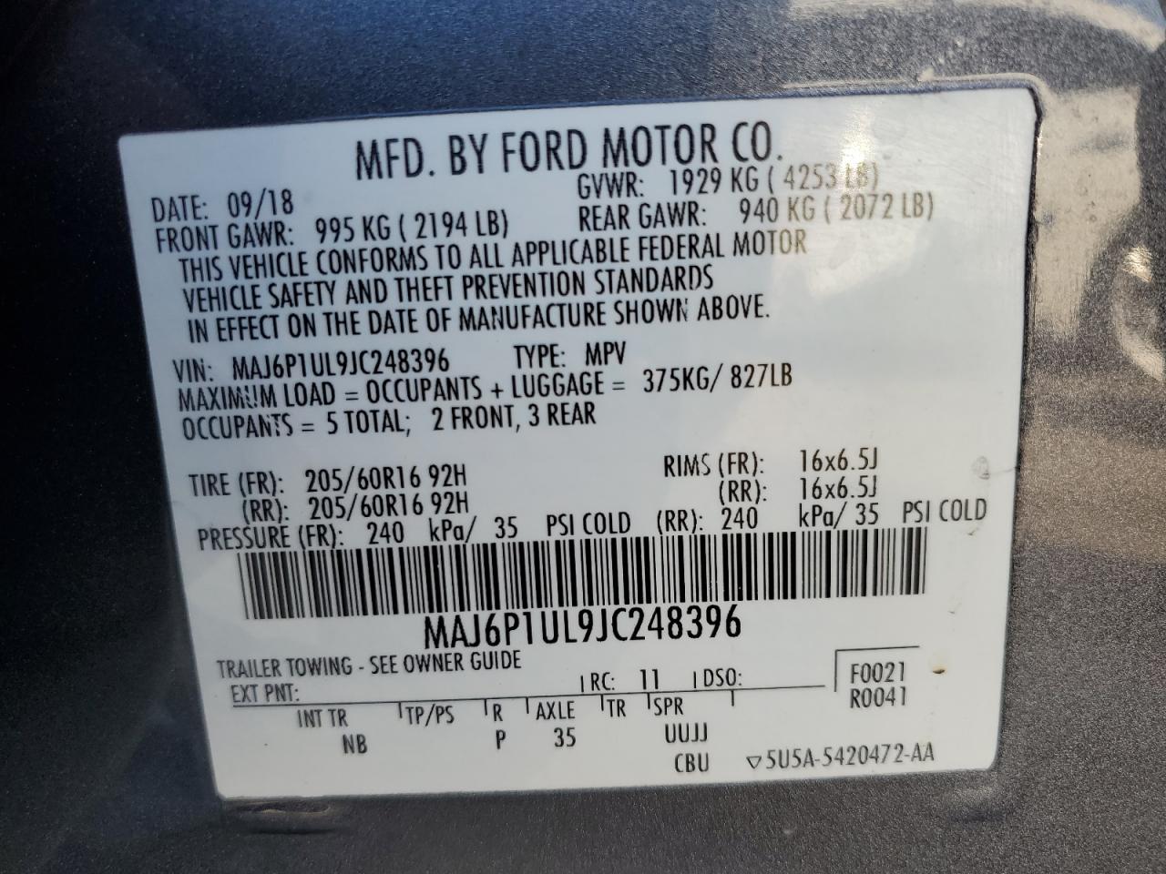 2018 Ford Ecosport Se VIN: MAJ6P1UL9JC248396 Lot: 70494544