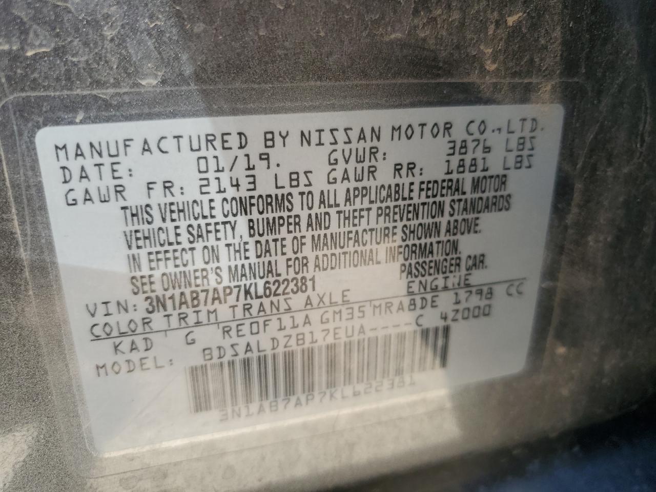 3N1AB7AP7KL622381 2019 Nissan Sentra S