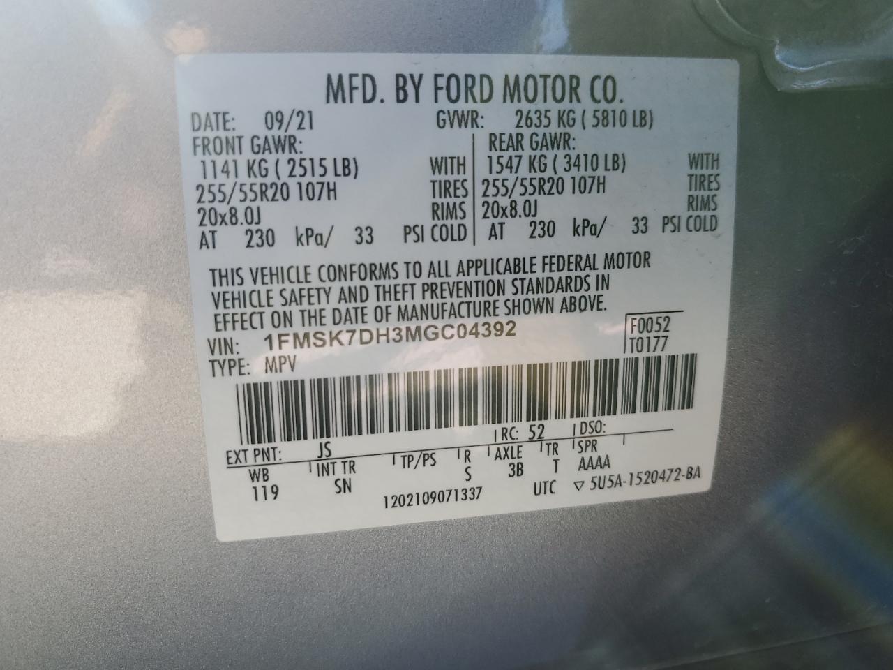 1FMSK7DH3MGC04392 2021 Ford Explorer Xlt