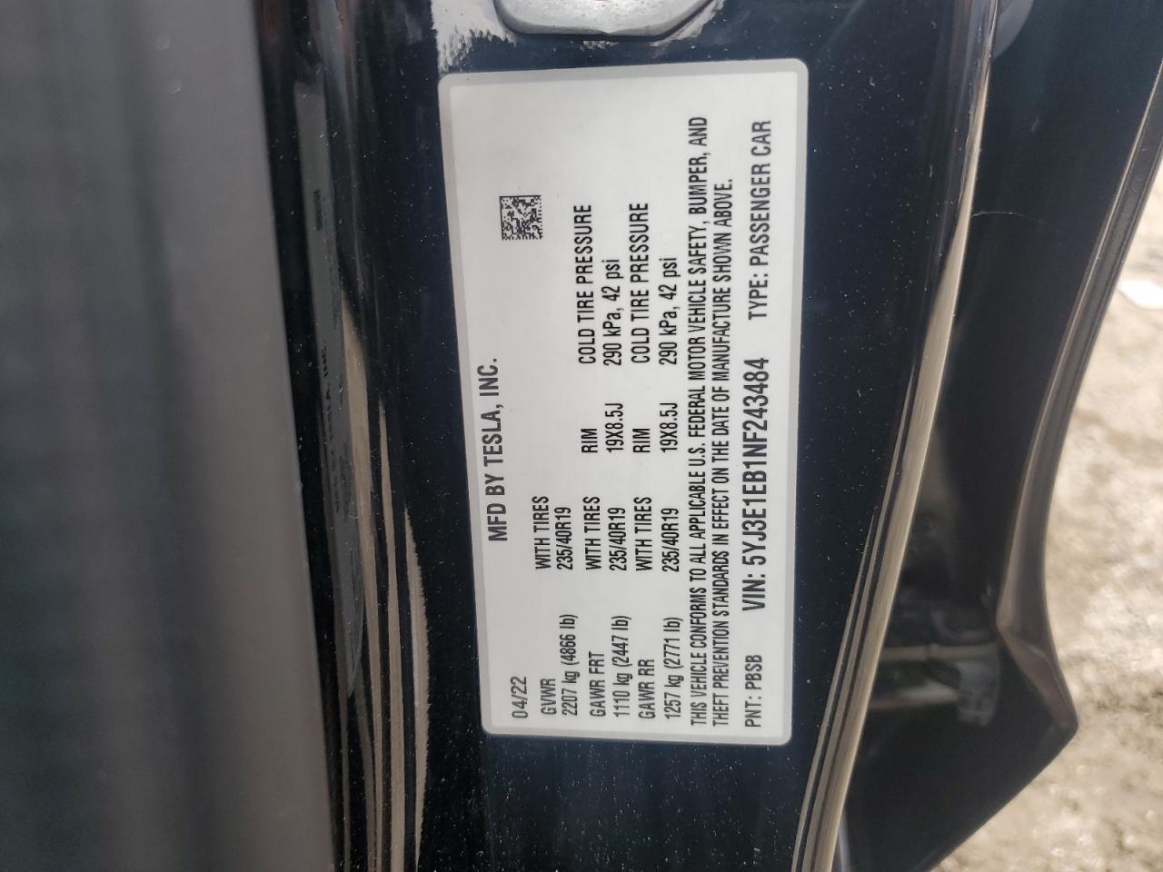 5YJ3E1EB1NF243484 2022 Tesla Model 3