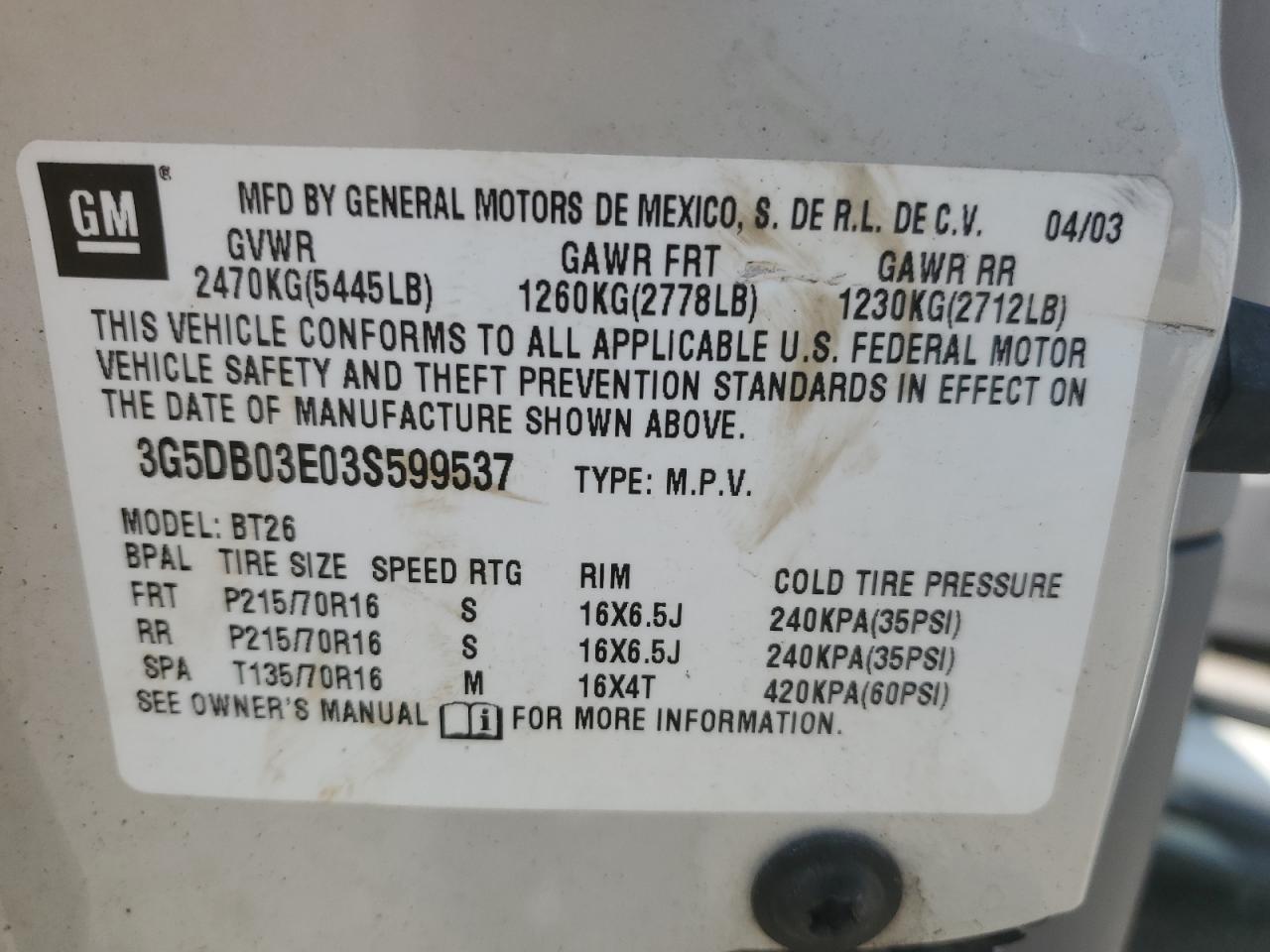 3G5DB03E03S599537 2003 Buick Rendezvous Cx