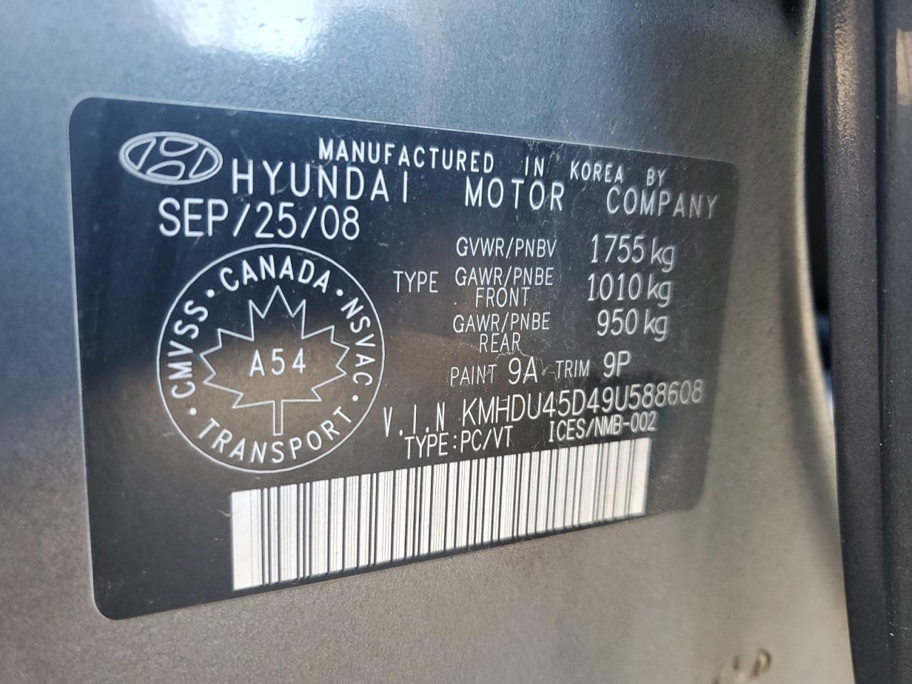 KMHDU45D49U588608 2009 Hyundai Elantra Gls