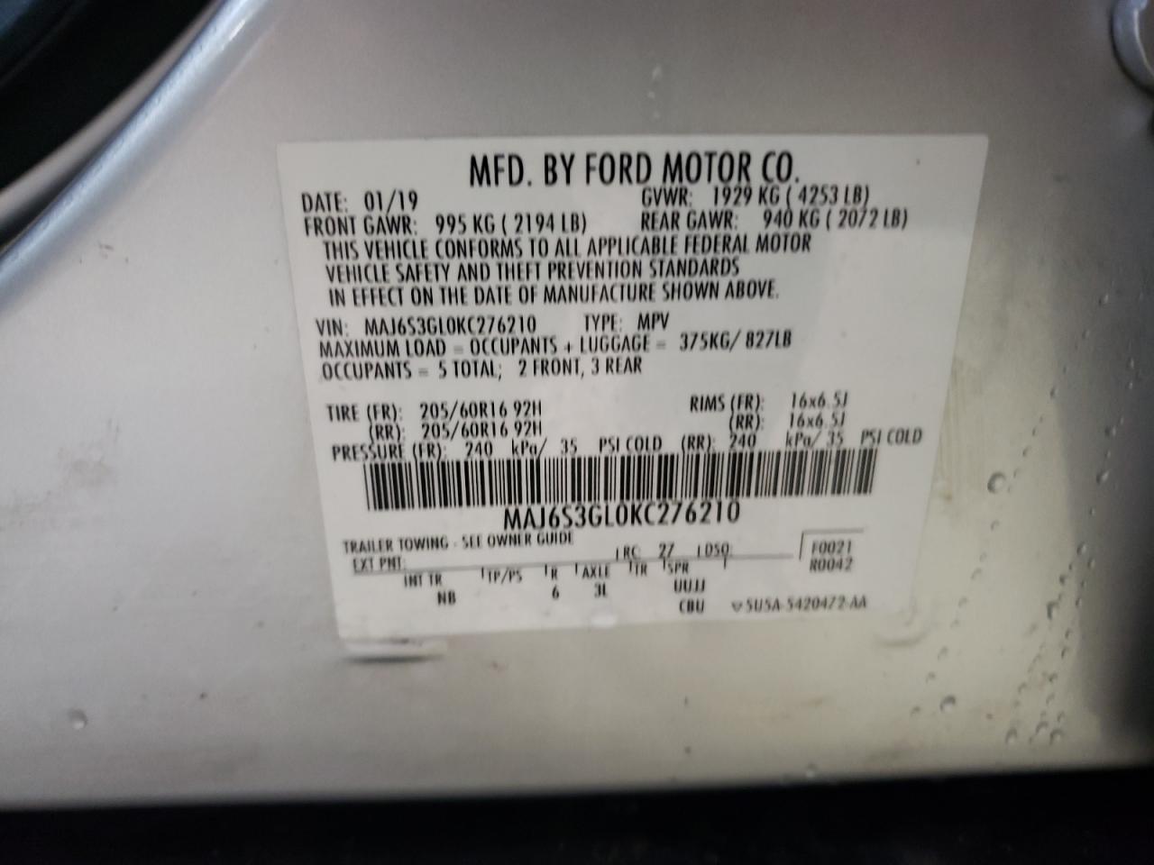 MAJ6S3GL0KC276210 2019 Ford Ecosport Se