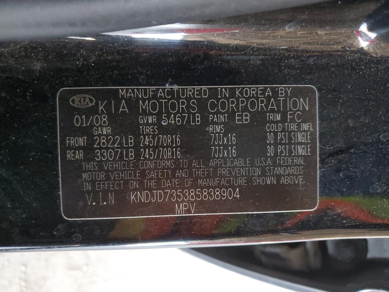 KNDJD735385838904 2008 Kia Sorento Ex