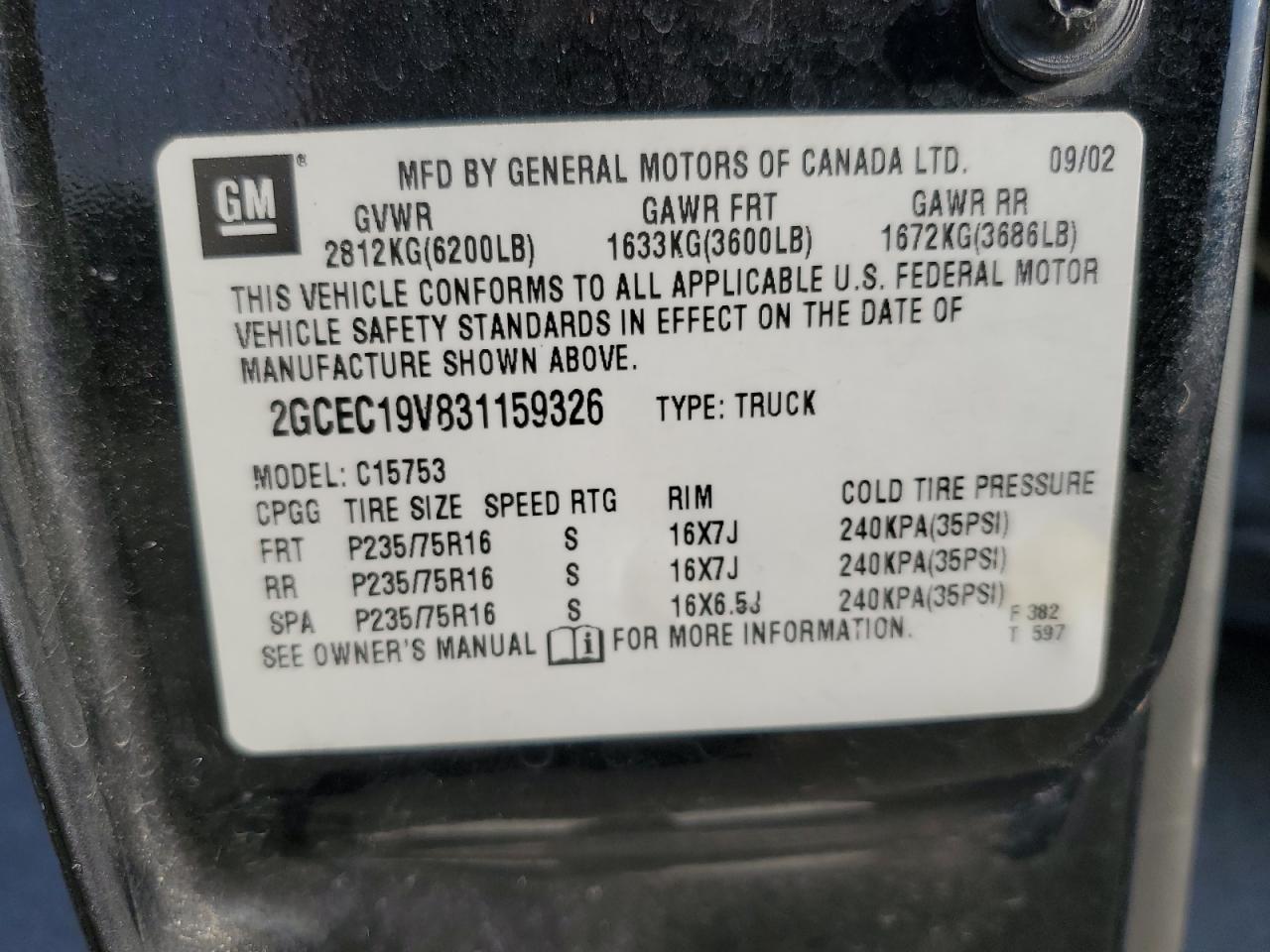 2002 Chevrolet Silverado C1500 VIN: 2GCEC19V831159326 Lot: 87086574