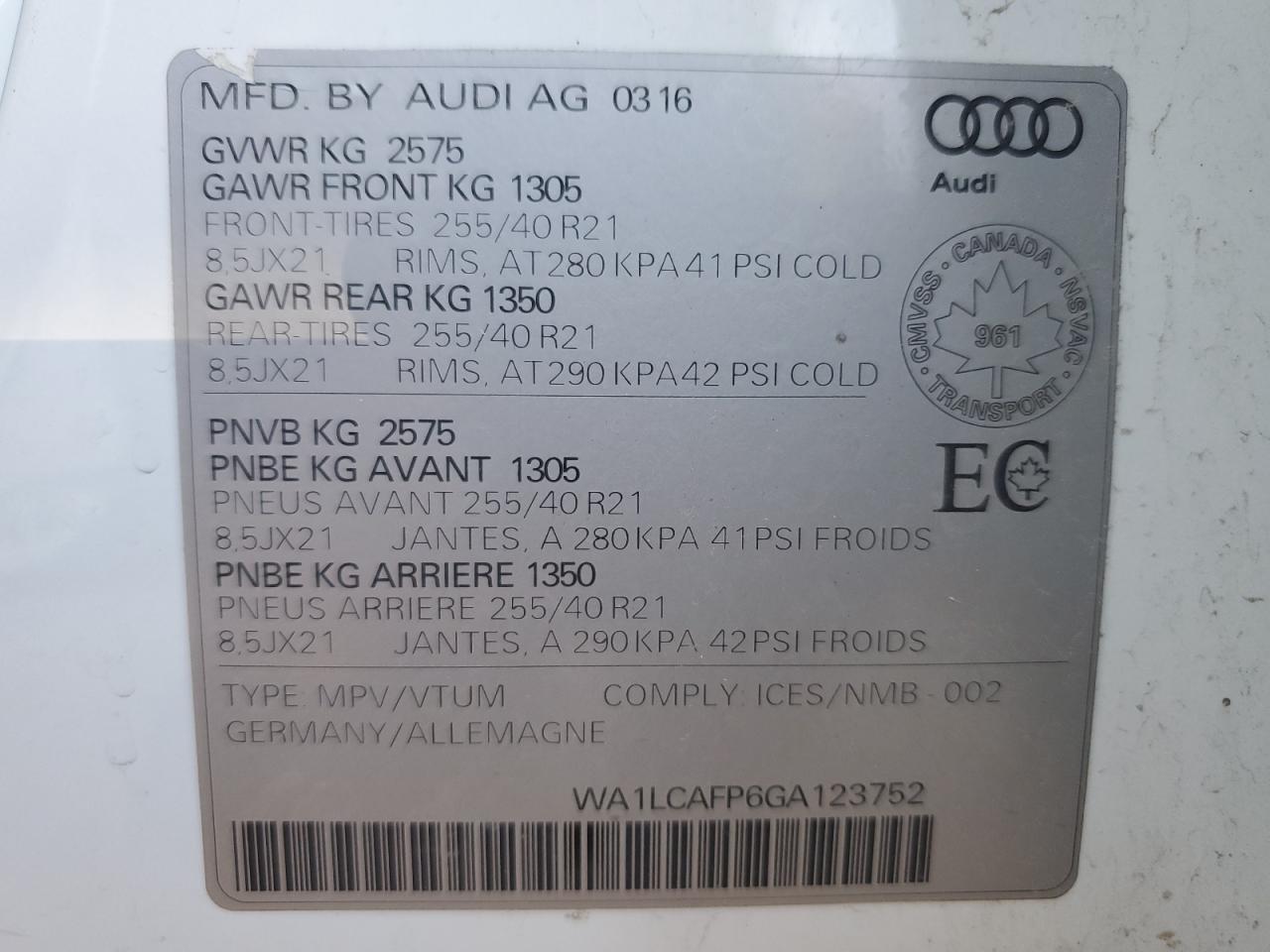 WA1LCAFP6GA123752 2016 Audi Sq5 Technik