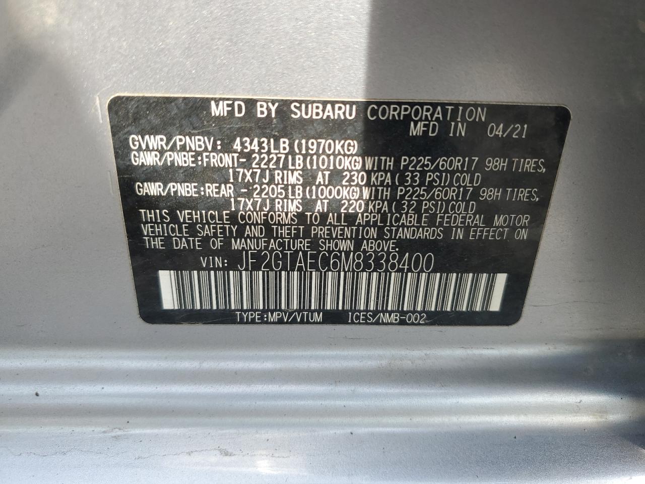 JF2GTAEC6M8338400 2021 Subaru Crosstrek Premium