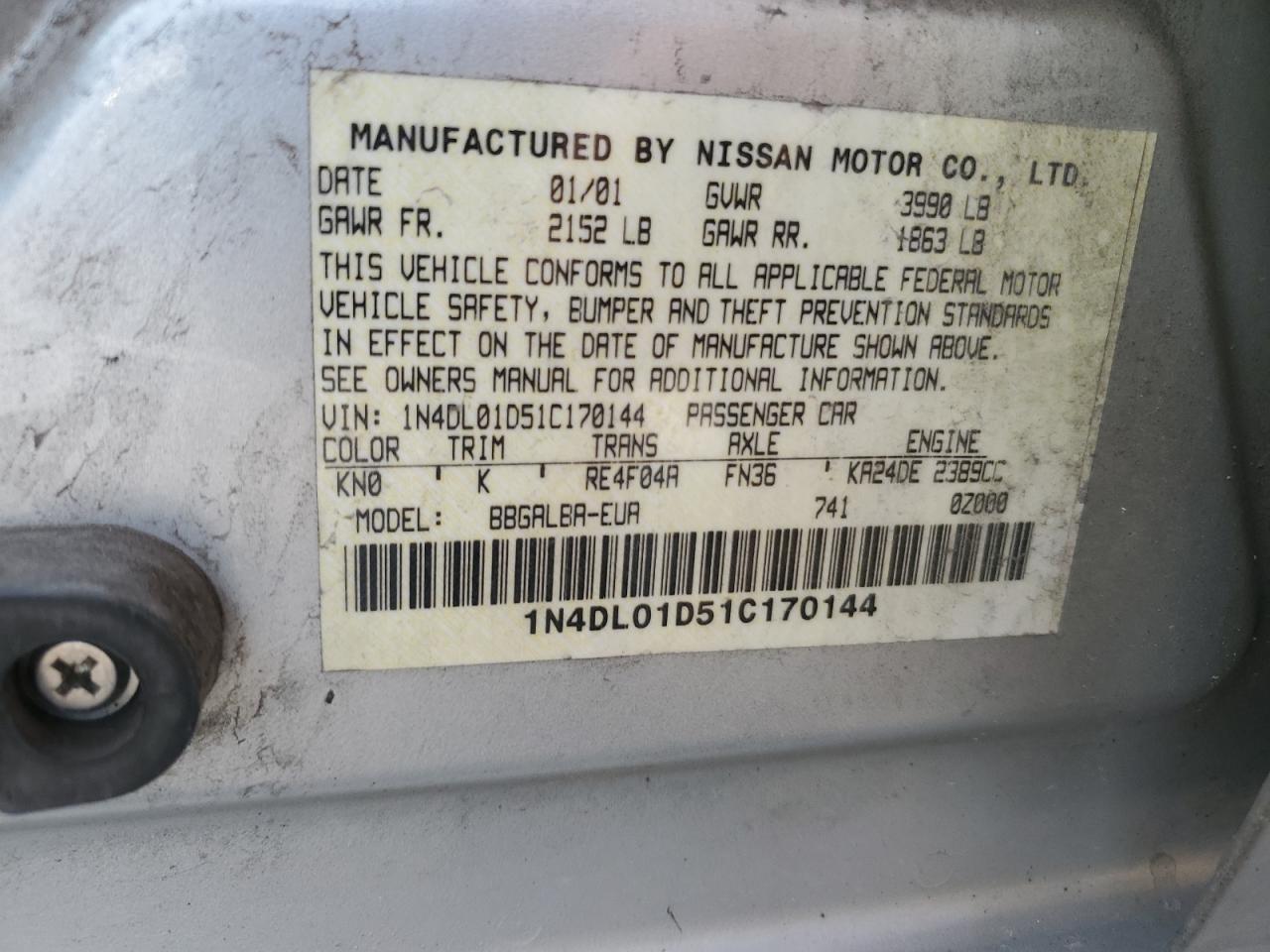 1N4DL01D51C170144 2001 Nissan Altima Xe