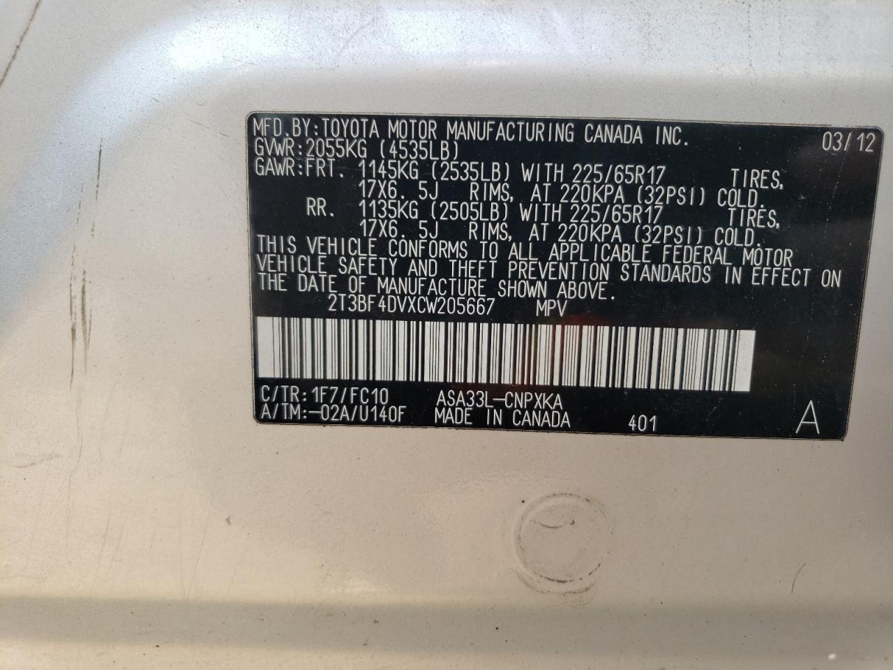 2T3BF4DVXCW205667 2012 Toyota Rav4