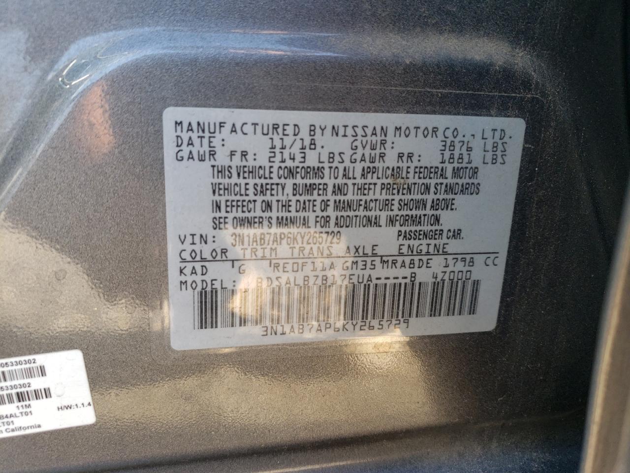 3N1AB7AP6KY265729 2019 Nissan Sentra S