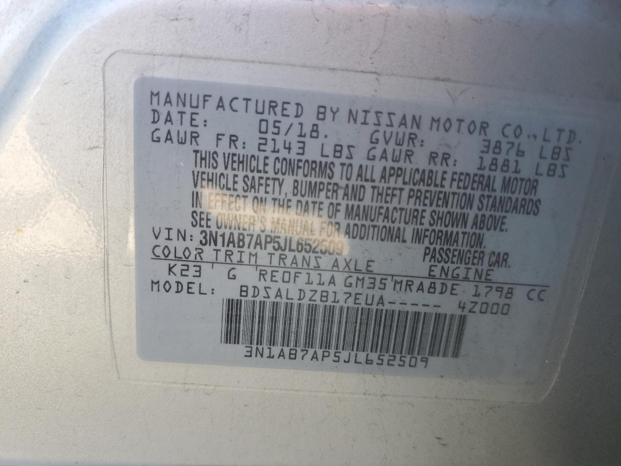 3N1AB7AP5JL652509 2018 Nissan Sentra S