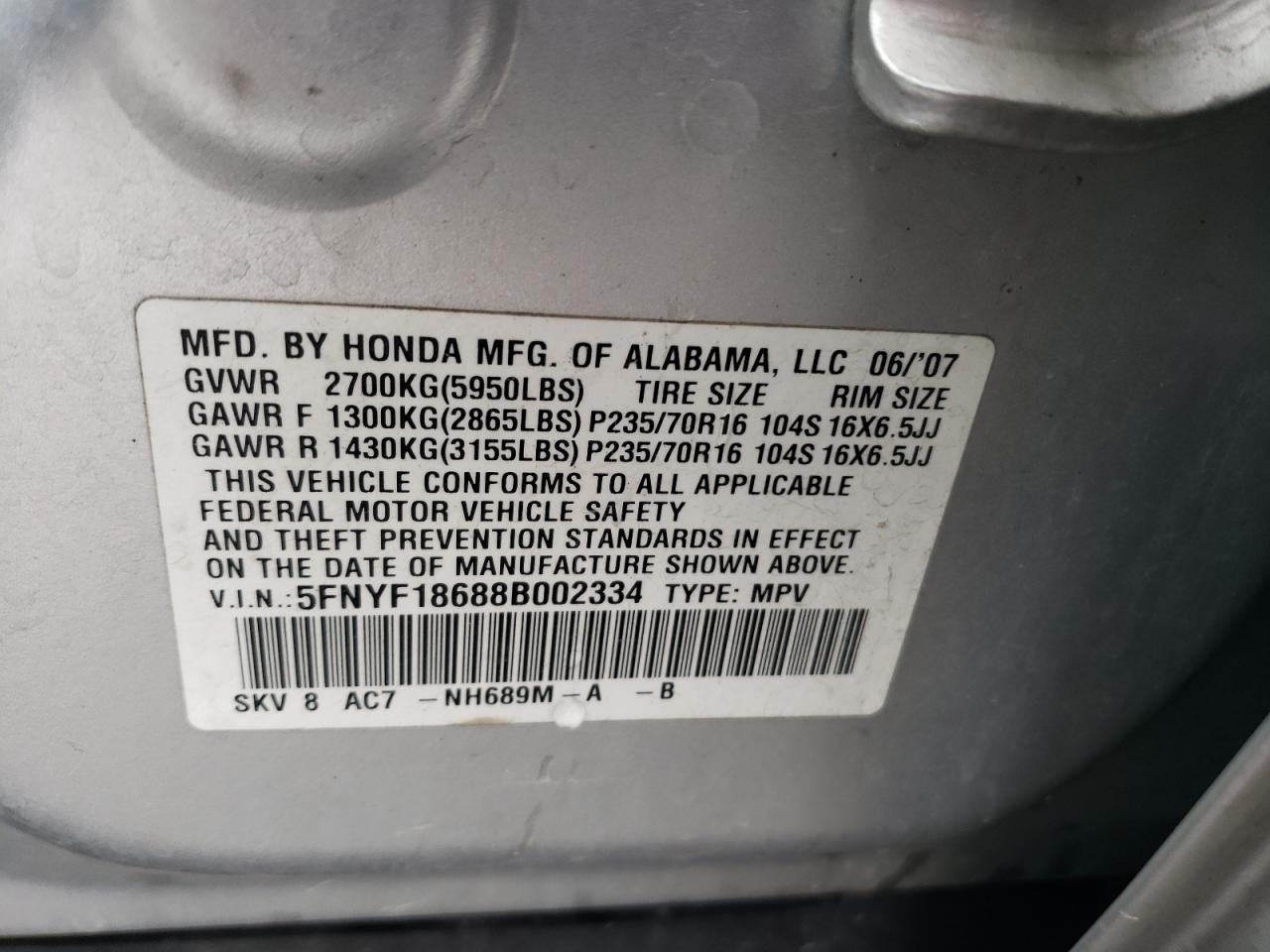 5FNYF18688B002334 2008 Honda Pilot Exl