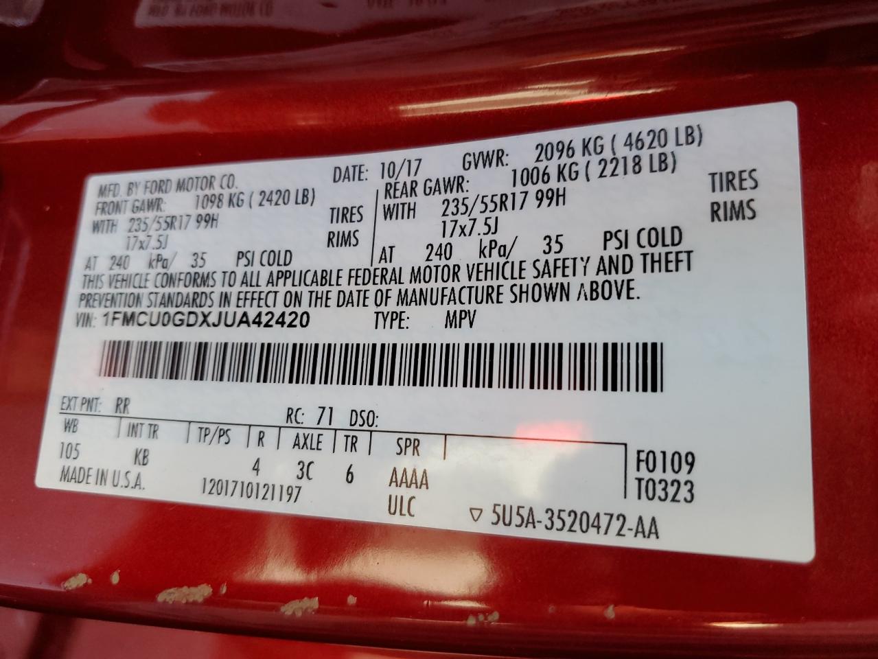1FMCU0GDXJUA42420 FORD ESCAPE 2018