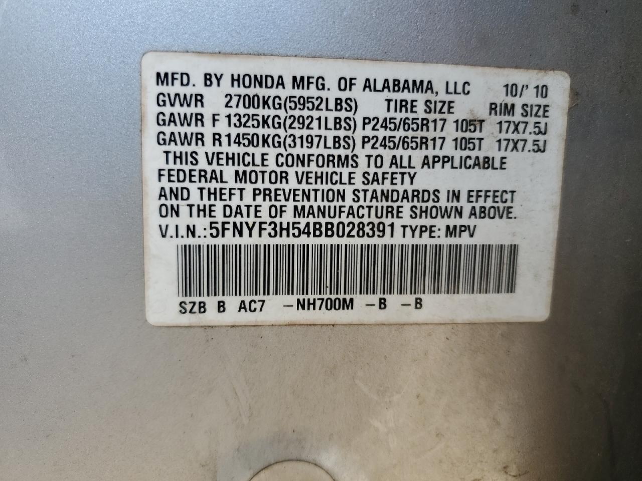 5FNYF3H54BB028391 2011 Honda Pilot Exl