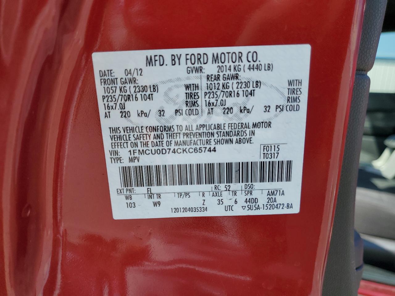 1FMCU0D74CKC65744 2012 Ford Escape Xlt