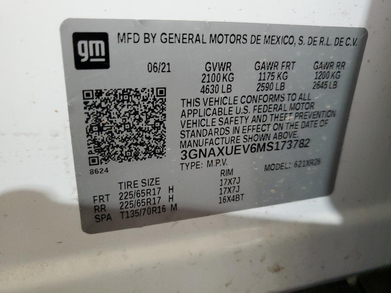 3GNAXUEV6MS173782 2021 Chevrolet Equinox Lt