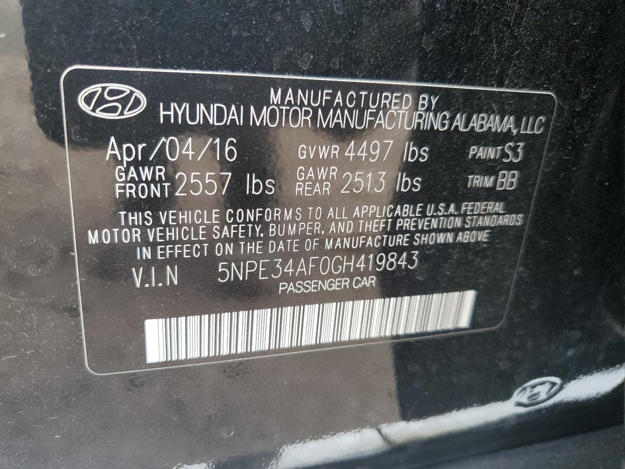 2016 Hyundai Sonata Sport VIN: 5NPE34AF0GH419843 Lot: 71962714