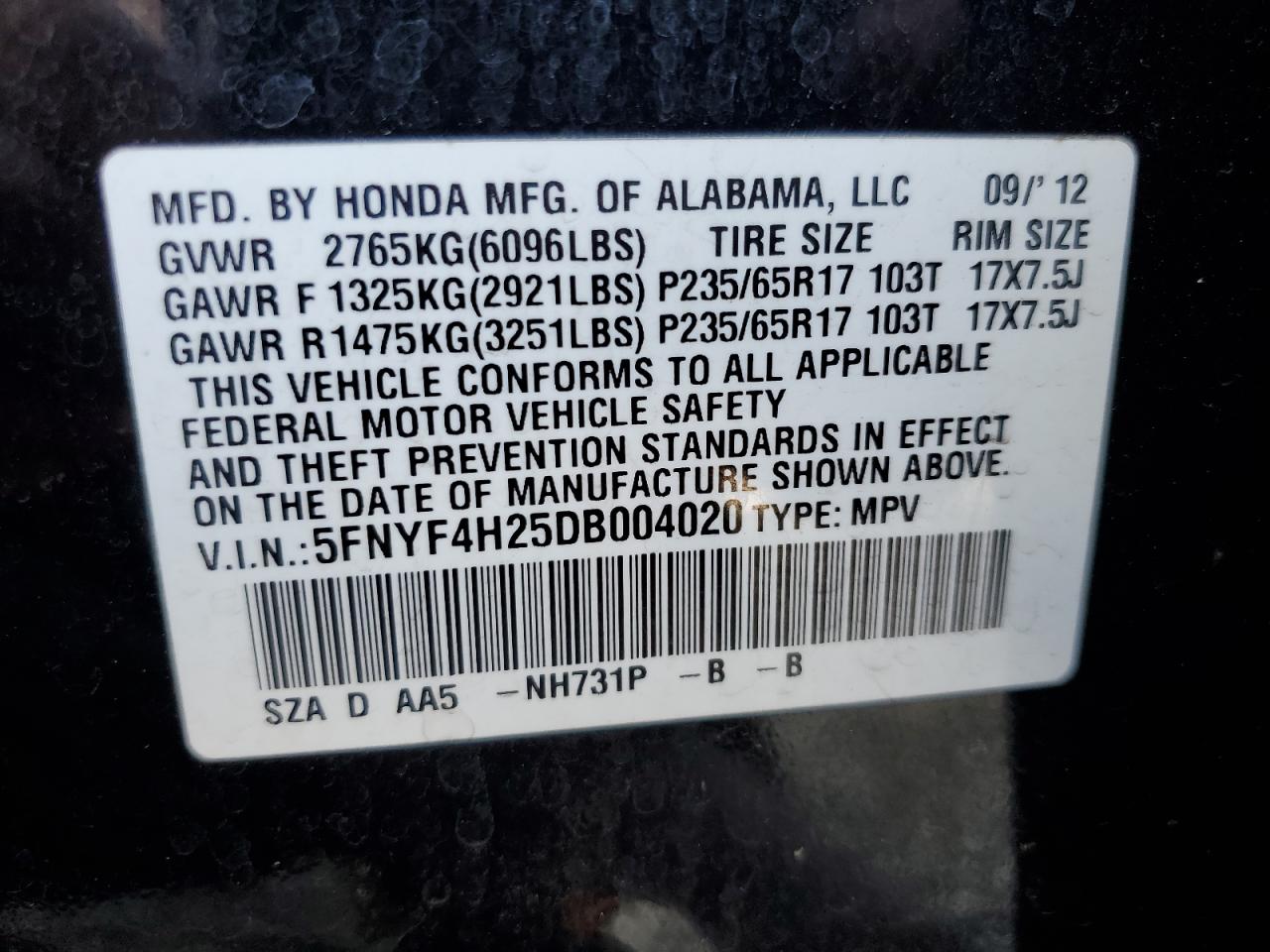 5FNYF4H25DB004020 2013 Honda Pilot Lx