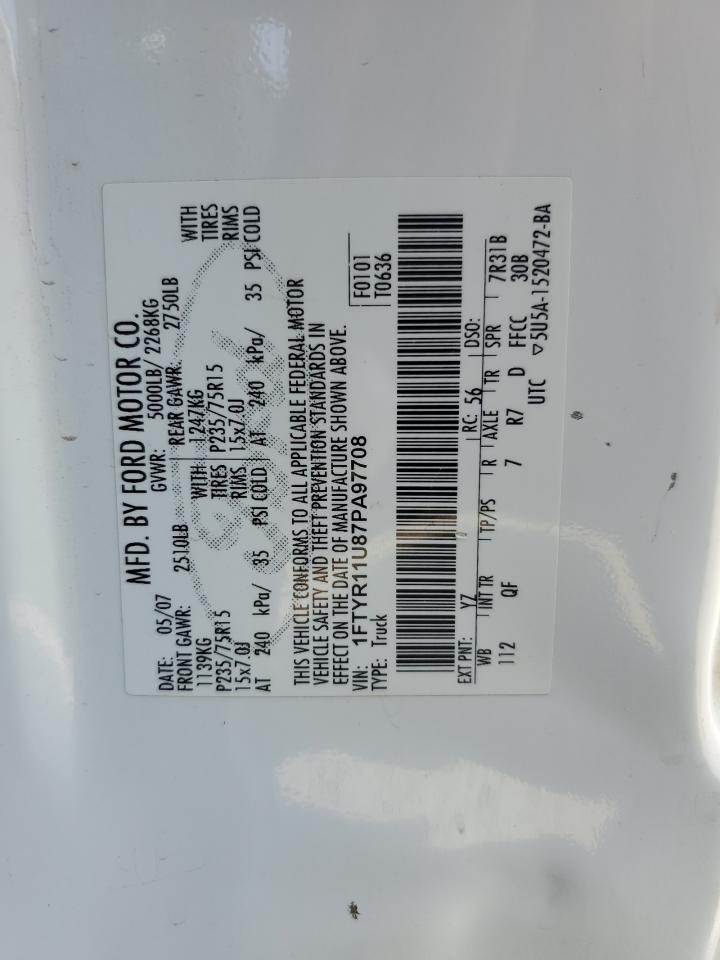 2007 Ford Ranger VIN: 1FTYR11U87PA97708 Lot: 70679954
