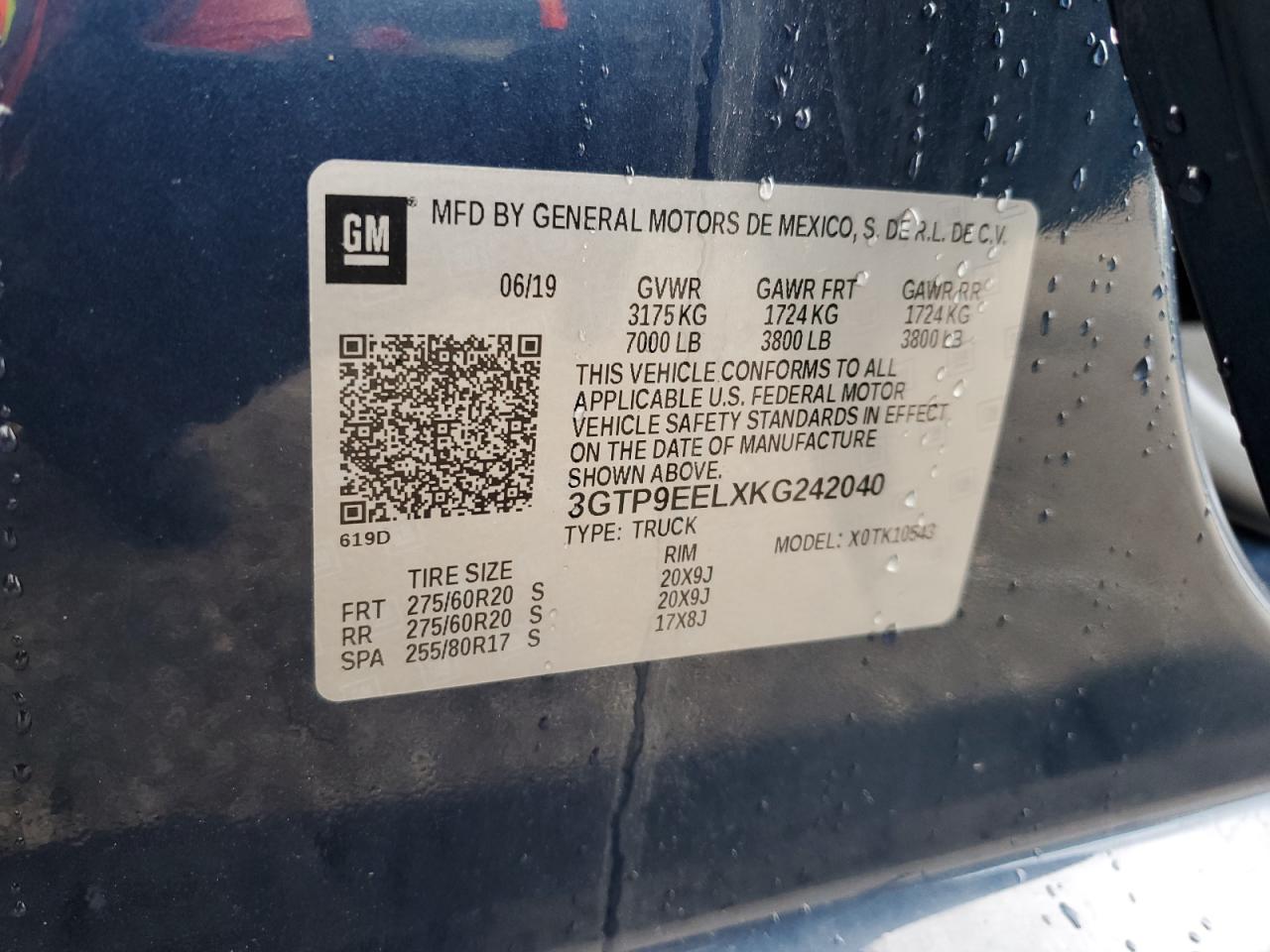 3GTP9EELXKG242040 2019 GMC Sierra K1500 At4