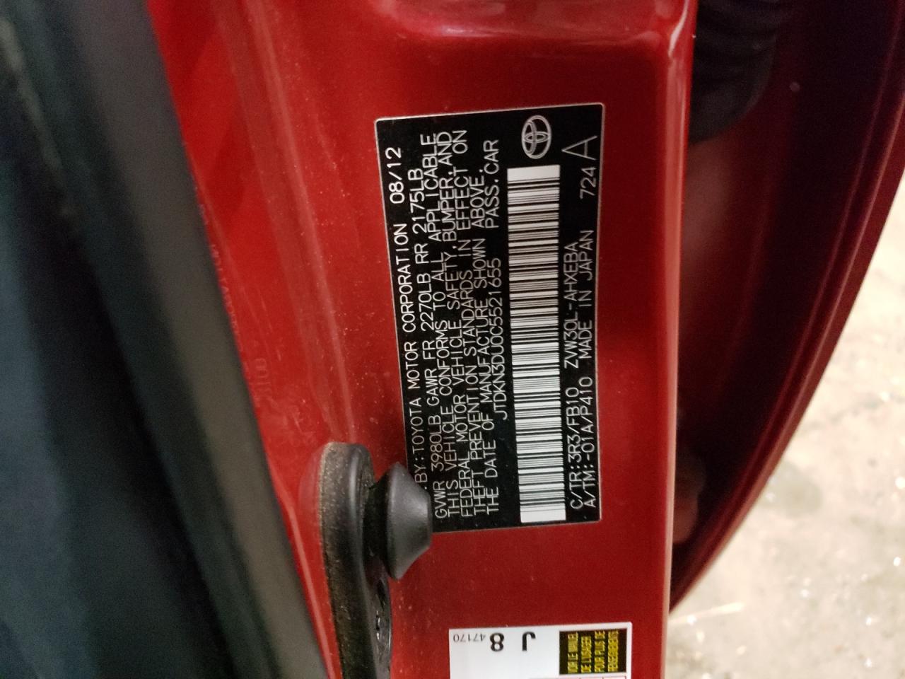 JTDKN3DU0C5521655 2012 Toyota Prius