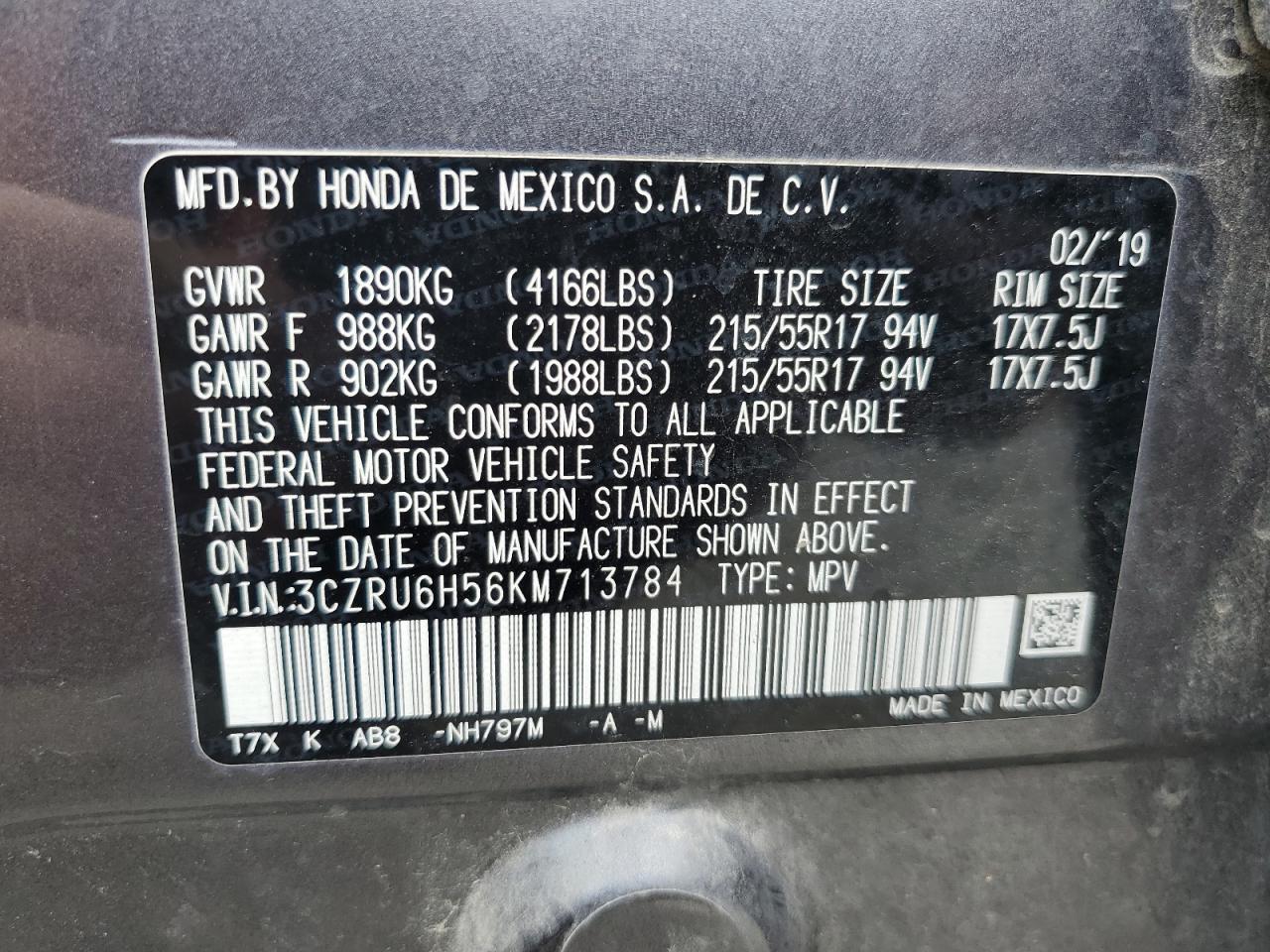 3CZRU6H56KM713784 2019 Honda Hr-V Ex