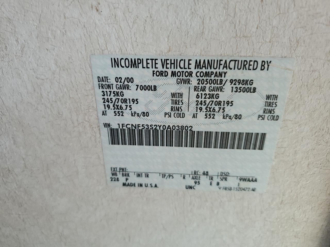 2000 Ford F550 Super Duty Stripped Chassis VIN: 1FCNF53S2Y0A03802 Lot: 71534504