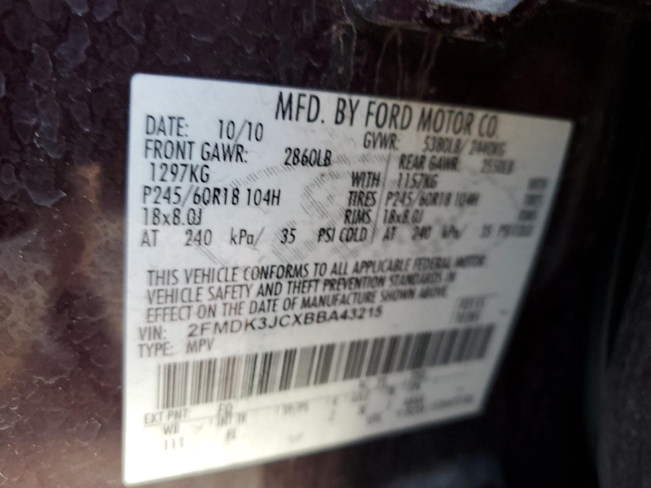 2011 Ford Edge Sel VIN: 2FMDK3JCXBBA43215 Lot: 73182204