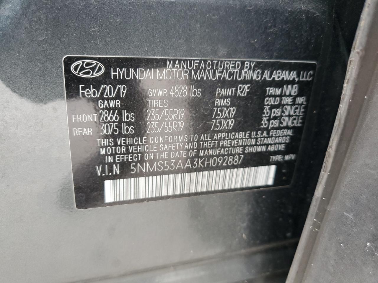 5NMS53AA3KH092887 2019 Hyundai Santa Fe Limited