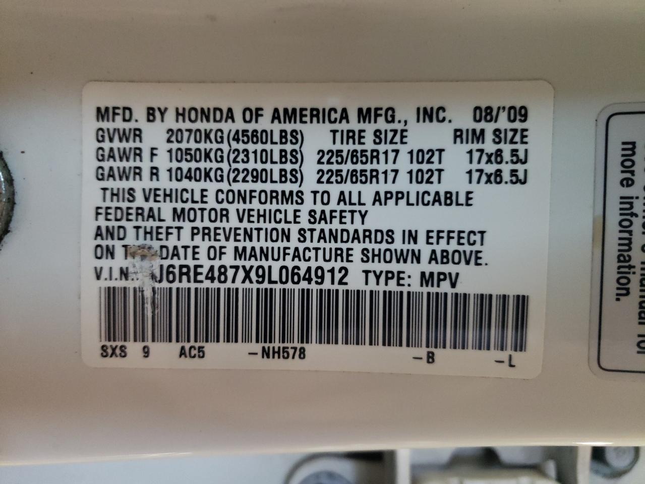 5J6RE487X9L064912 2009 Honda Cr-V Exl